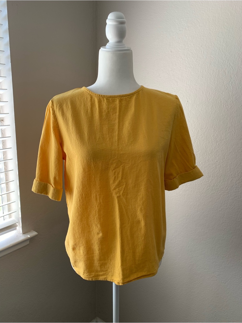 Women's Mustard Short Sleeve Blouse - Casual Crew Neck Top